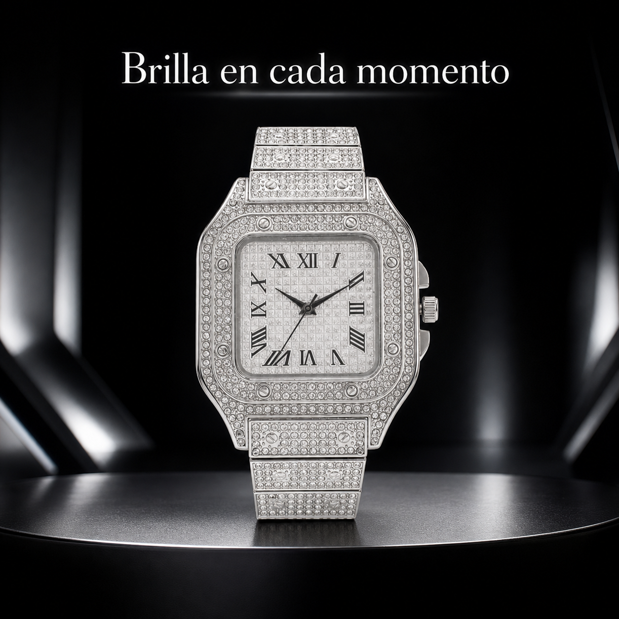 Reloj cuadrado plateado con cristales decorativos