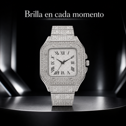 Reloj cuadrado plateado con cristales decorativos