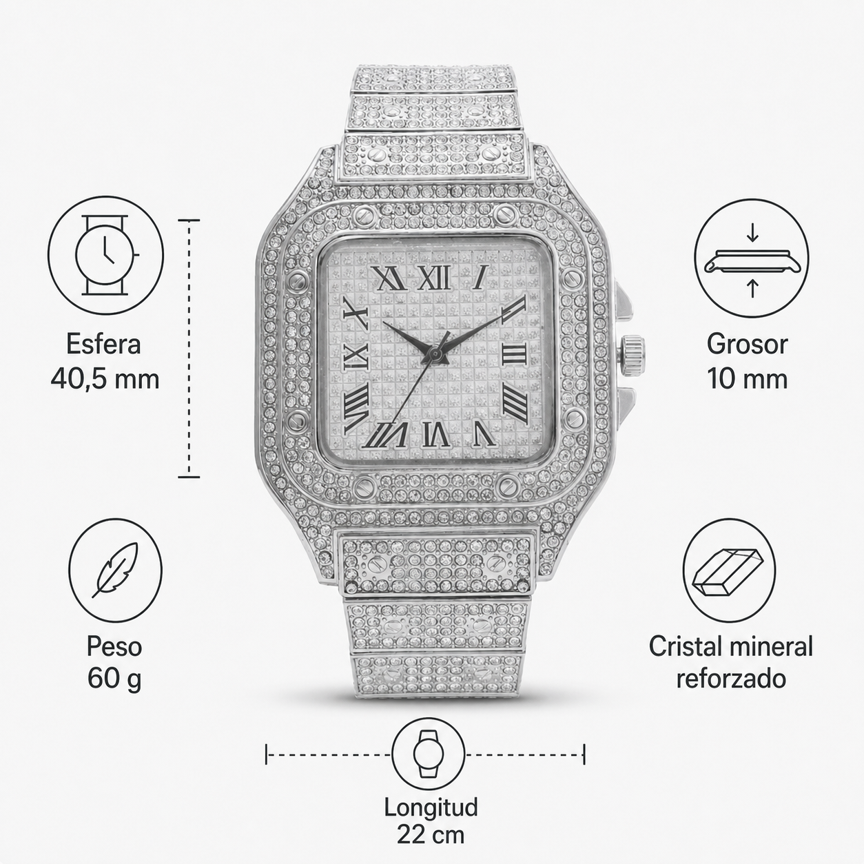 Especificaciones del reloj cuadrado brillante