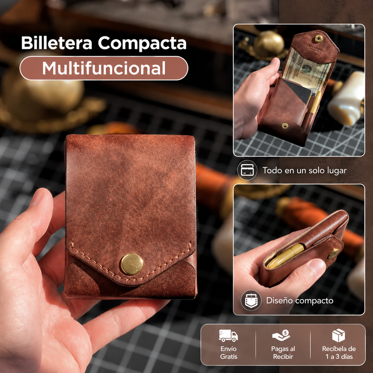 Billetera Compacta Multifuncional con bolígrafo dorado de regalo
