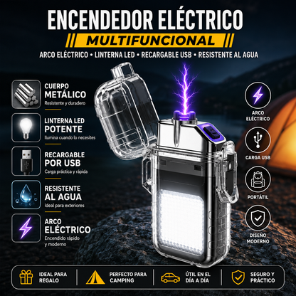 Encendedor Metálico Recargable con Linterna LED y Resistente al Agua