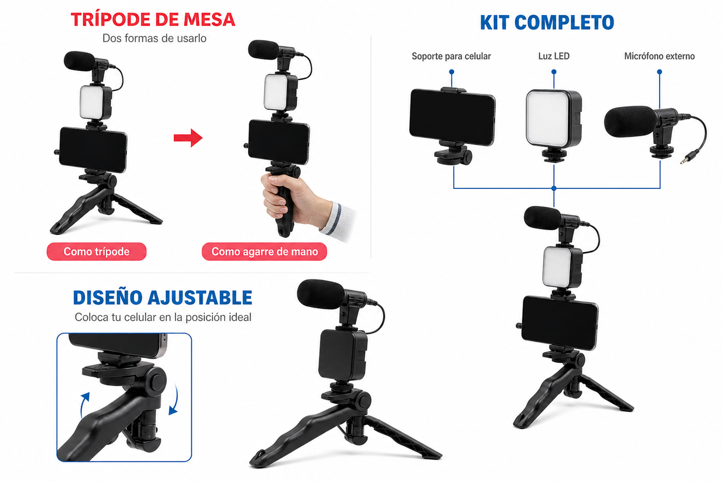 Kit Para Realizar Videos: trípode con luz LED y micrófono para tu celular