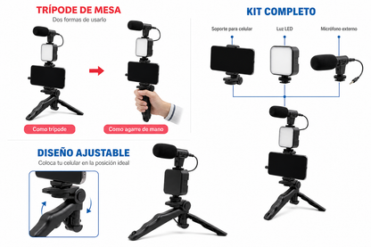 Kit Para Realizar Videos: trípode con luz LED y micrófono para tu celular
