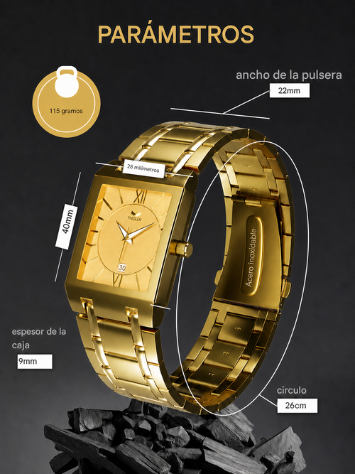 Reloj Aurélion 8858 dorado con medidas y especificaciones