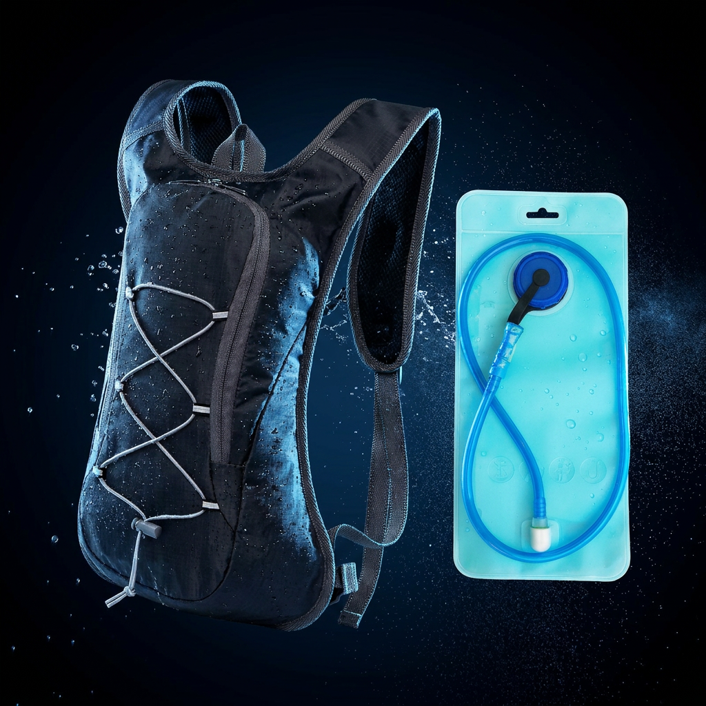 Foto de estudio de la mochila de hidratación negra con bolsa de agua de 2 litros