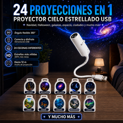 24 Proyecciones Galaxia,Navidad, Halloween y Mucho Más Estrellas USB Luz de Noche Flexible