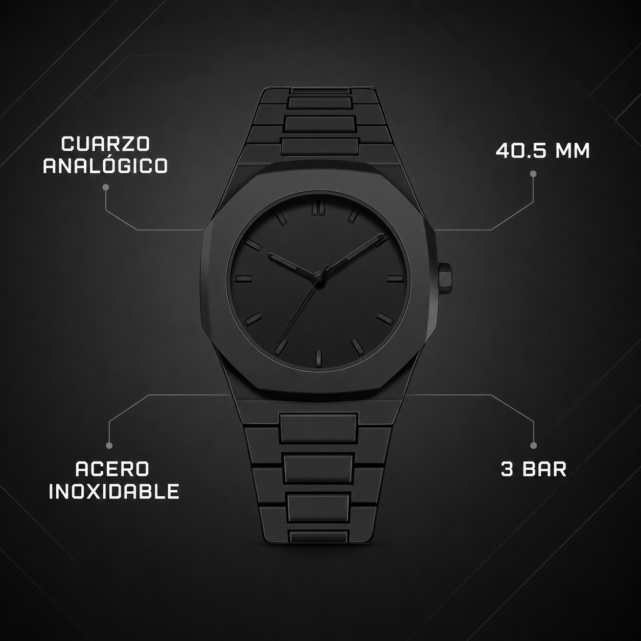 Especificaciones del reloj negro Seeyome 921: cuarzo, 40.5 mm, acero inoxidable y 3 BAR
